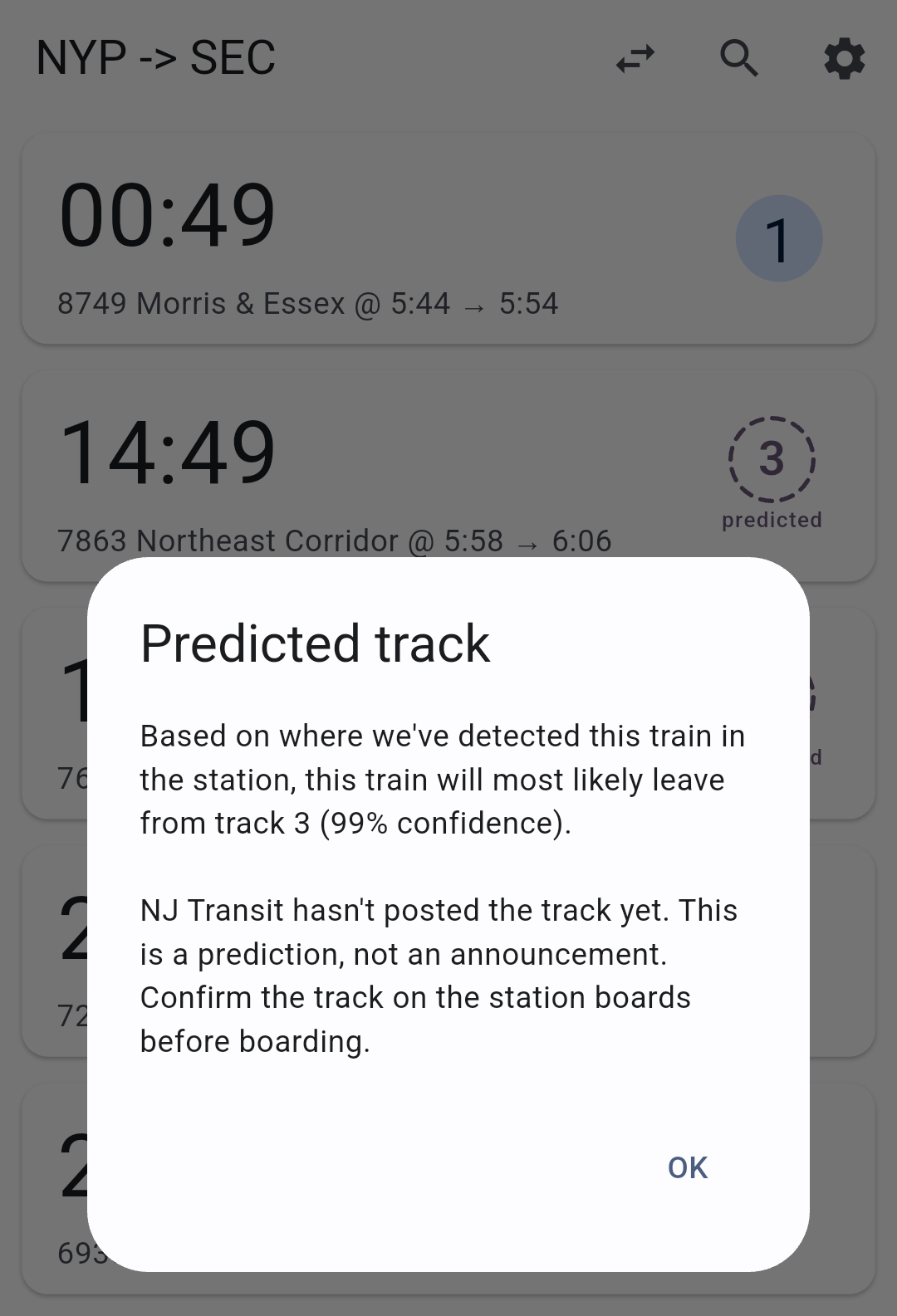 Tapping the badge explains the prediction is based on where the train was detected in the station, with 99% confidence