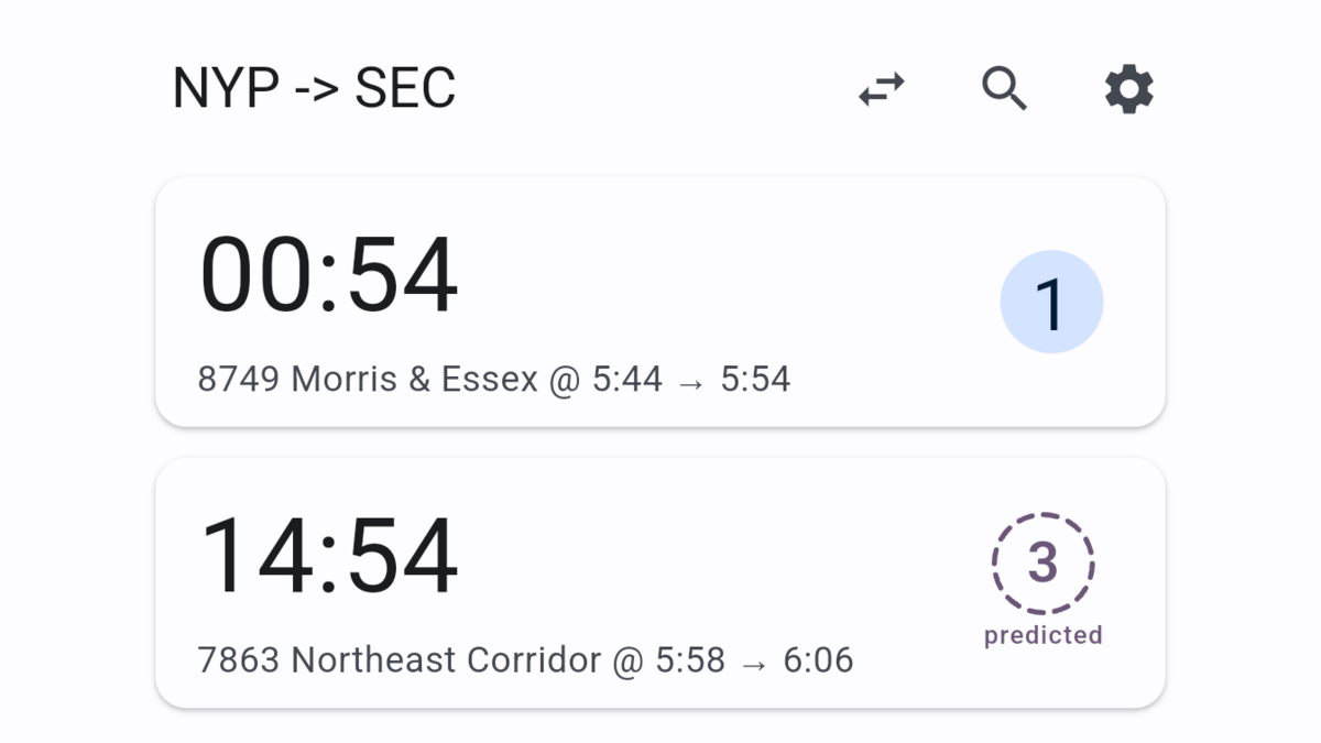 NJ Tracks departures from New York Penn to Secaucus, showing a posted track 1 for the next train and a predicted track 3 for the train after it